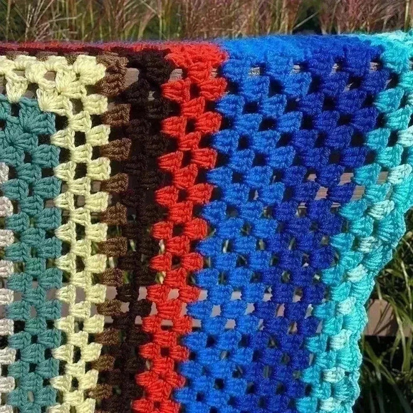 Homemade crocheted tablecloth. Beautiful colors. Approximately 42” x 45”. - Picture 2 of 7